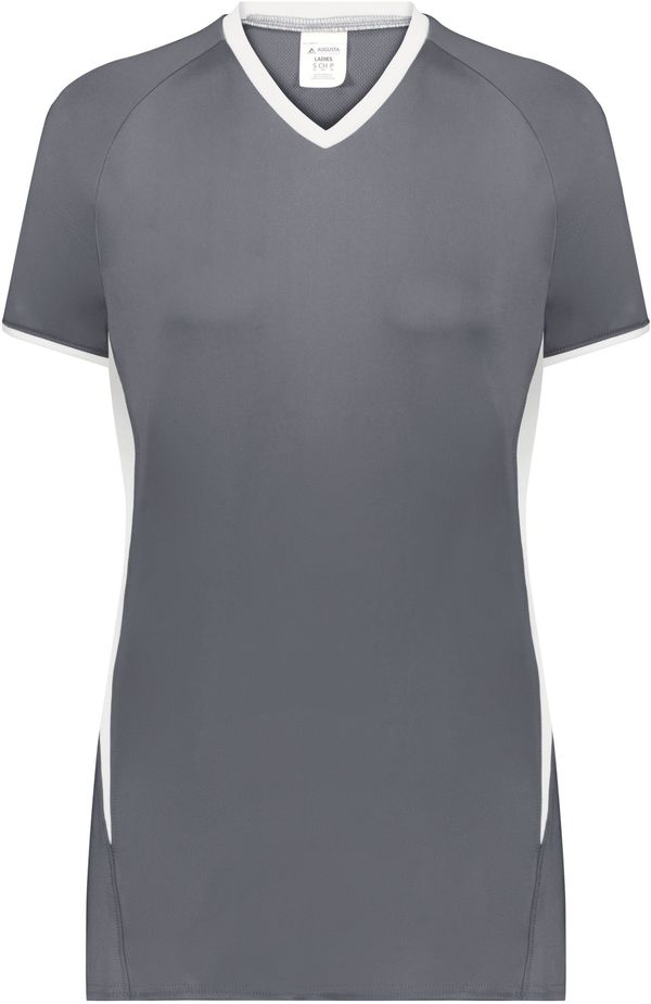 Am image of a Custom Augusta Ladies Cutter Plus V Neck Jersey in Graphite/White!