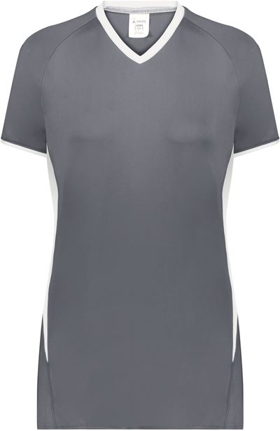 Am image of a Custom Augusta Ladies Cutter Plus V Neck Jersey in Graphite/White!