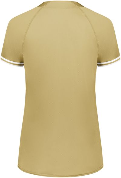 Am image of a Custom Augusta Ladies Cutter Plus Henley Jersey in Vegas Gold/White!
