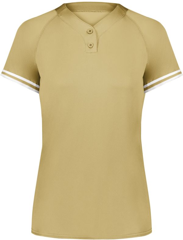 Am image of a Custom Augusta Ladies Cutter Plus Henley Jersey in Vegas Gold/White!