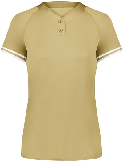 Am image of a Custom Augusta Ladies Cutter Plus Henley Jersey in Vegas Gold/White!