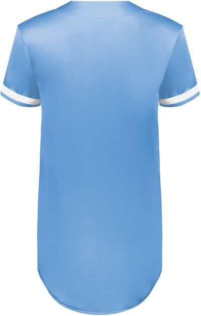 Am image of a Custom Augusta Ladies Cutter Plus Full Button Jersey in Columbia Blue/White!