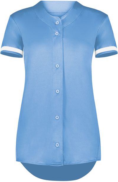 Am image of a Custom Augusta Ladies Cutter Plus Full Button Jersey in Columbia Blue/White!