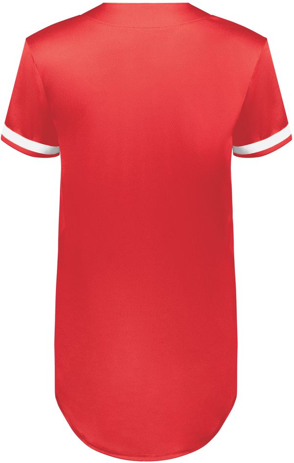 Am image of a Custom Augusta Ladies Cutter Plus Full Button Jersey in Scarlet/White!