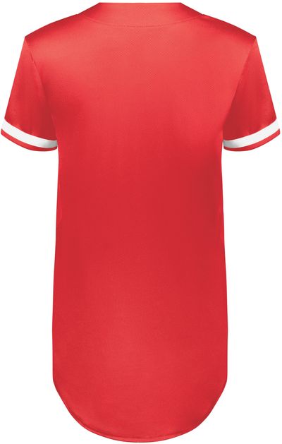 Am image of a Custom Augusta Ladies Cutter Plus Full Button Jersey in Scarlet/White!