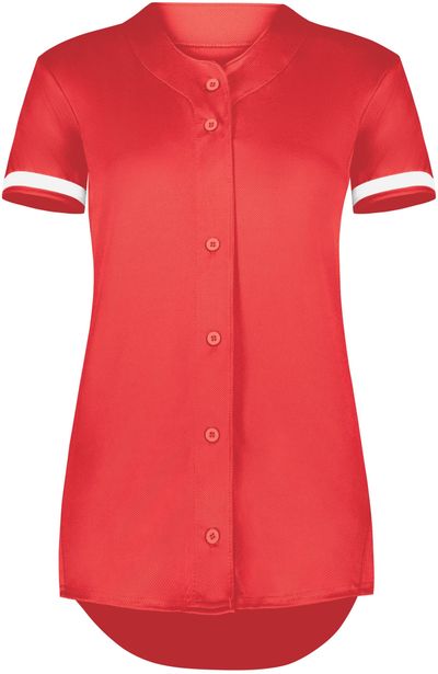 Am image of a Custom Augusta Ladies Cutter Plus Full Button Jersey in Scarlet/White!