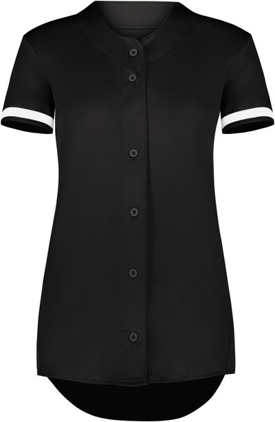 Am image of a Custom Augusta Ladies Cutter Plus Full Button Jersey in Black/White!