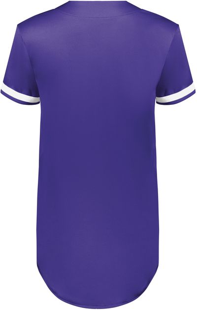 Am image of a Custom Augusta Ladies Cutter Plus Full Button Jersey in Purple/White!