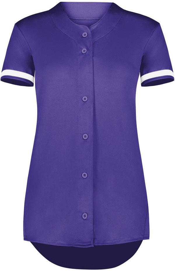 Am image of a Custom Augusta Ladies Cutter Plus Full Button Jersey in Purple/White!