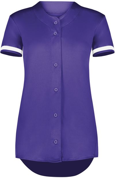 Am image of a Custom Augusta Ladies Cutter Plus Full Button Jersey in Purple/White!