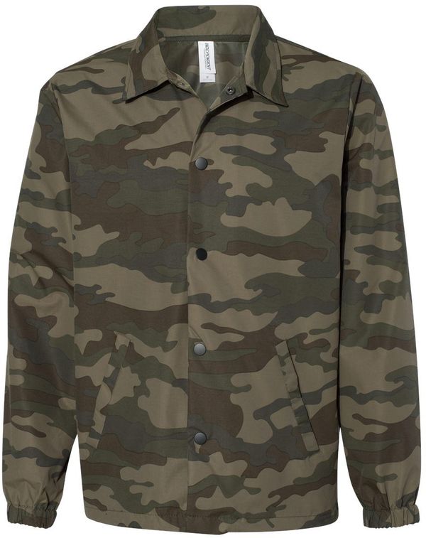 Am image of a Custom Independent Trading Co Water Resistant Windbreaker Coachs Jacket in Forest Camo!