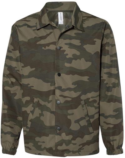 Am image of a Custom Independent Trading Co Water Resistant Windbreaker Coachs Jacket in Forest Camo!