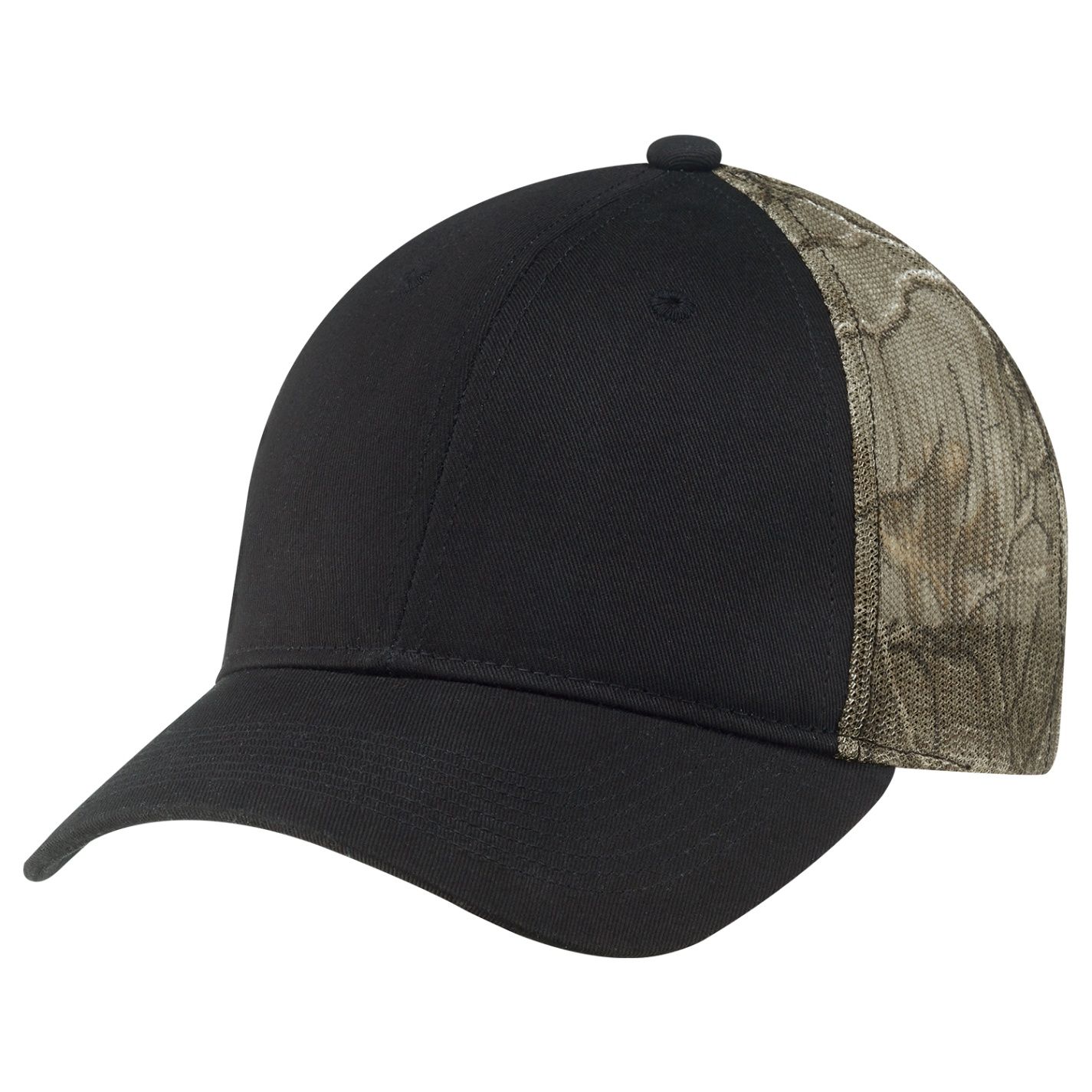 Deluxe Chino Twill Polyester Mesh 6 Panel Constructed Full Fit Mesh Back in Black/Realtree Xtra