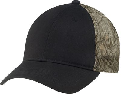 Am image of a Custom Deluxe Chino Twill Polyester Mesh 6 Panel Constructed Full Fit Mesh Back in Black/Realtree Xtra!