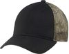 Am image of a Custom Deluxe Chino Twill Polyester Mesh 6 Panel Constructed Full Fit Mesh Back in Black/Realtree Xtra!