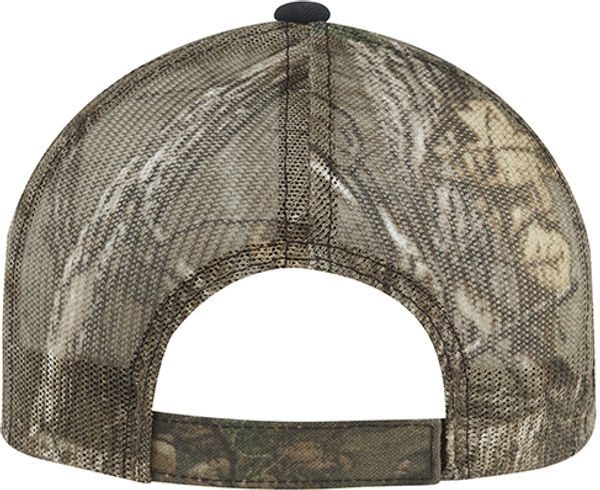 Am image of a Custom Deluxe Chino Twill Polyester Mesh 6 Panel Constructed Full Fit Mesh Back in Black/Realtree Xtra!