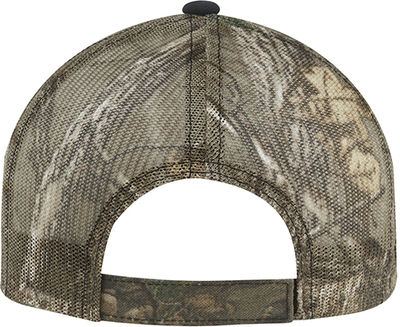 Am image of a Custom Deluxe Chino Twill Polyester Mesh 6 Panel Constructed Full Fit Mesh Back in Black/Realtree Xtra!