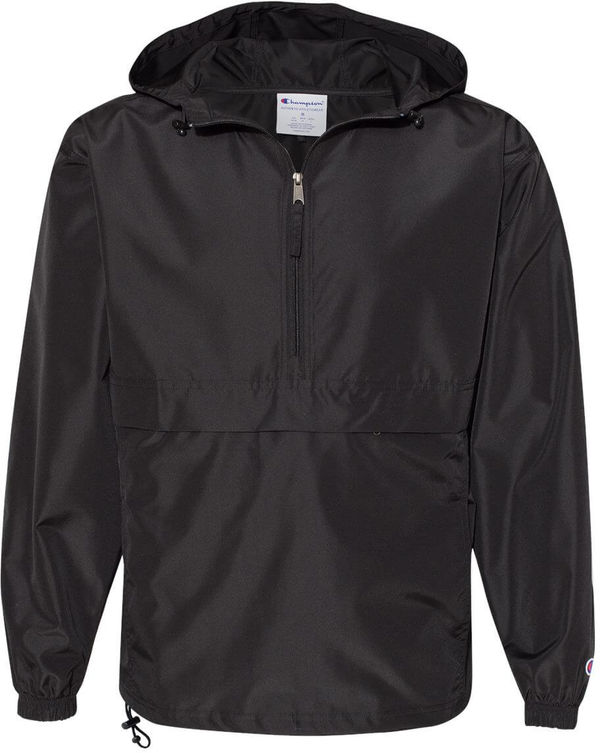 Am image of a Custom Champion Packable Anorak Jacket in Black!