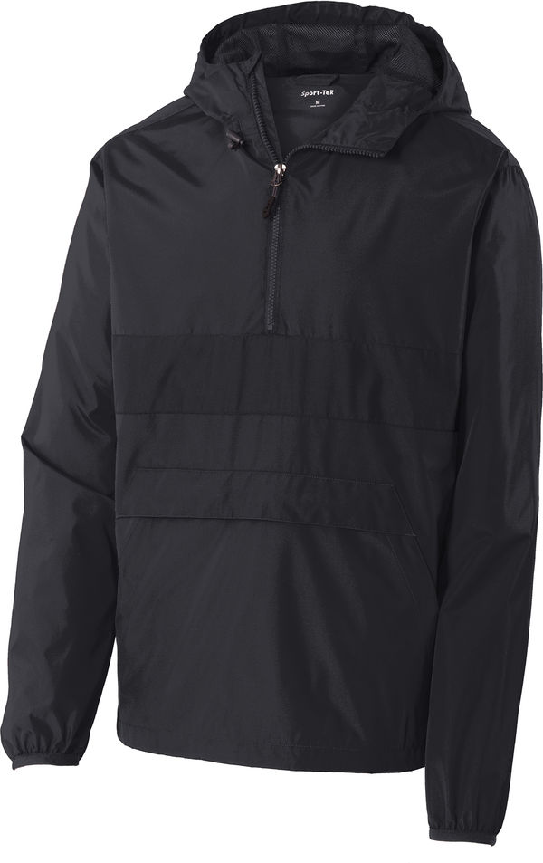 An image of a Custom SportTek Zipped Pocket Anorak in Black/Black!