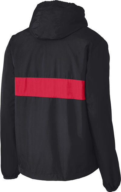 Am image of a Custom SportTek Zipped Pocket Anorak in Black/ True Red!