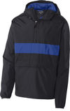 Am image of a Custom SportTek Zipped Pocket Anorak in Black/ True Royal!