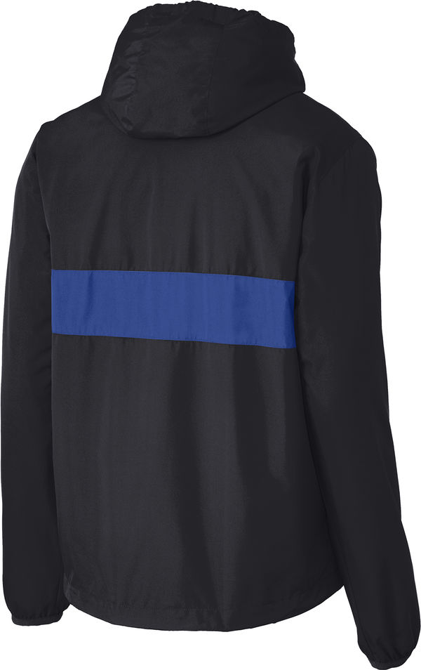 Am image of a Custom SportTek Zipped Pocket Anorak in Black/ True Royal!