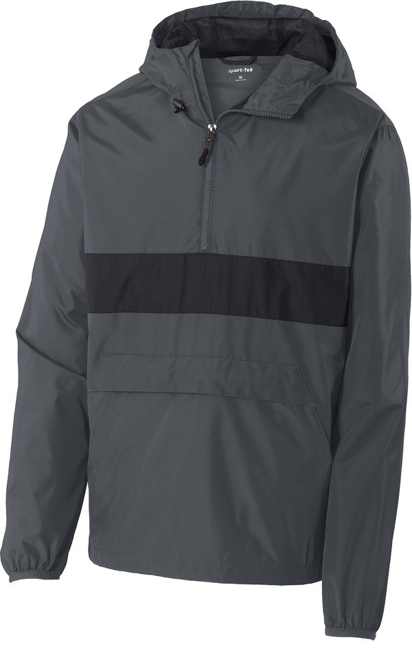 Am image of a Custom SportTek Zipped Pocket Anorak in Graphite Grey/ Black!