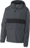 Am image of a Custom SportTek Zipped Pocket Anorak in Graphite Grey/ Black!