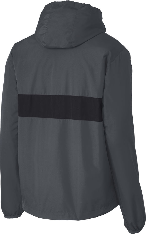 Am image of a Custom SportTek Zipped Pocket Anorak in Graphite Grey/ Black!