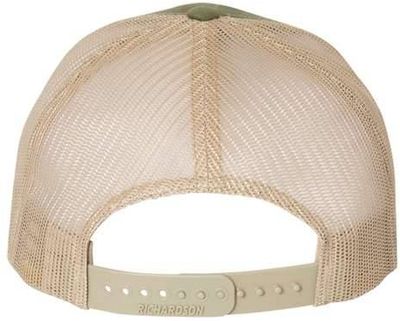 Am image of a Custom Richardson Five Panel Trucker in Army Olive Green/Tan!