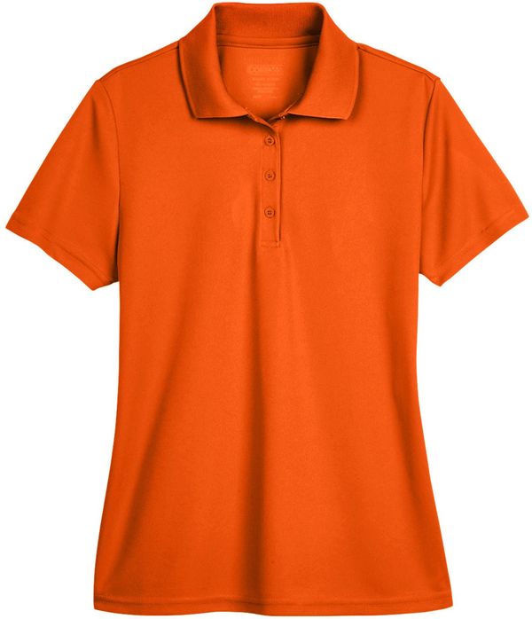 Am image of a Custom Core365 Ladies Origin Performance Pique Polo in Campus Orange!