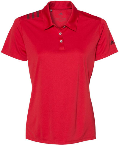 Am image of a Custom Adidas Womens 3 Stripes Shoulder Sport Shirt in Collegiate Red/Black!