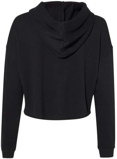 Am image of a Custom Independent Trading Co Womens Lightweight Cropped Hooded Sweatshirt in Black!