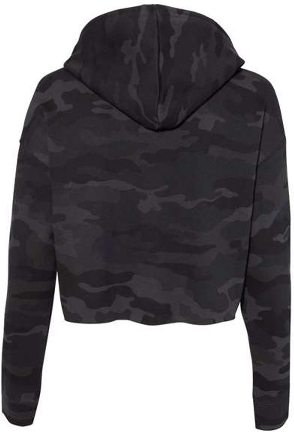 Am image of a Custom Independent Trading Co Womens Lightweight Cropped Hooded Sweatshirt in Black Camo!