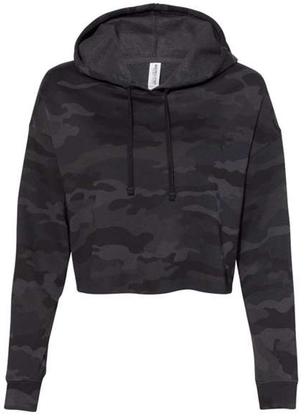 Am image of a Custom Independent Trading Co Womens Lightweight Cropped Hooded Sweatshirt in Black Camo!