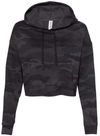 Am image of a Custom Independent Trading Co Womens Lightweight Cropped Hooded Sweatshirt in Black Camo!