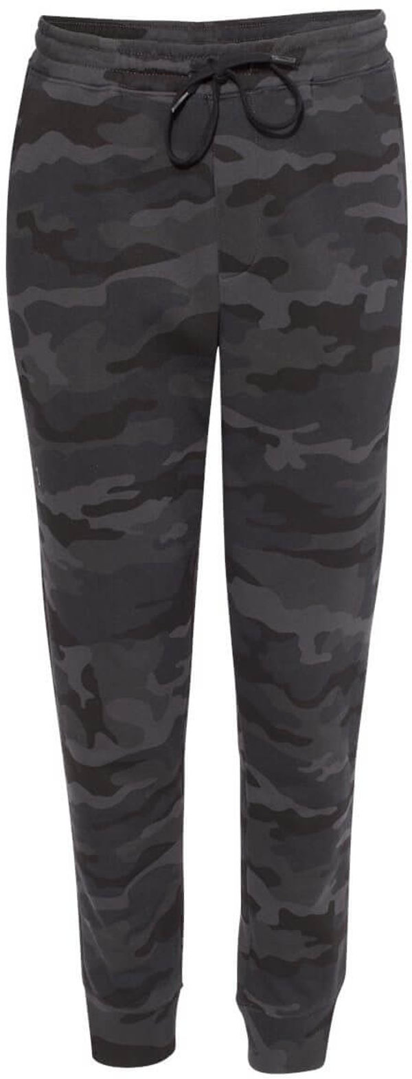 Am image of a Custom Independent Trading Co Midweight Fleece Pants in Black Camo!