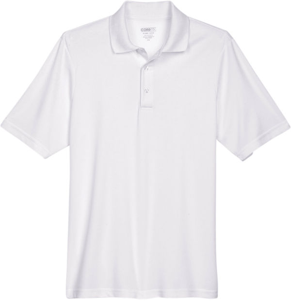 Am image of a Custom Core 365 Men's Origin Performance Piqué Polo in White!