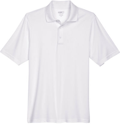 Am image of a Custom Core 365 Men's Origin Performance Piqué Polo in White!
