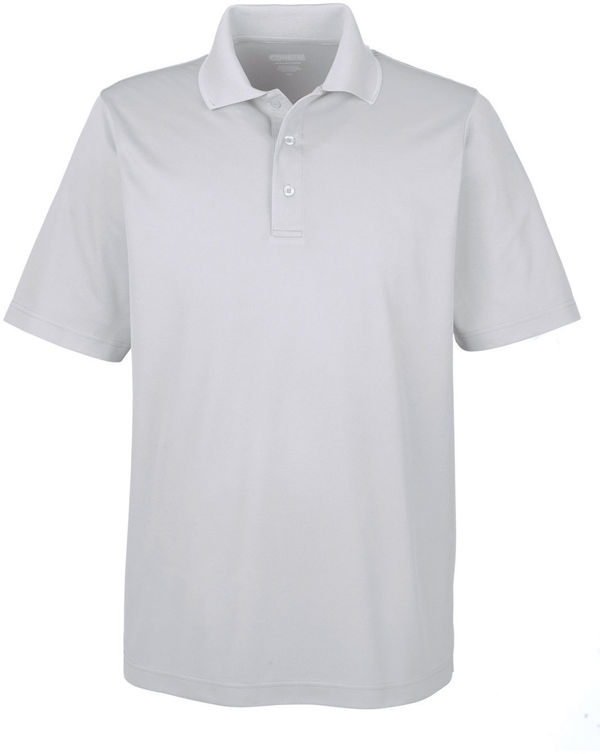 Am image of a Custom Core 365 Men's Origin Performance Piqué Polo in Platinum!
