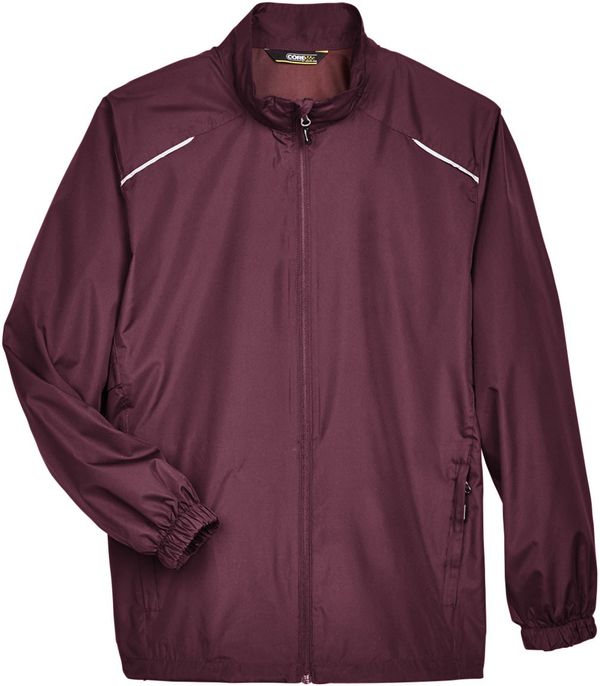 Am image of a Custom Core365 Men's Motivate Unlined Lightweight Jacket in Burgundy!