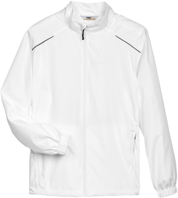 Am image of a Custom Core365 Men's Motivate Unlined Lightweight Jacket in White!