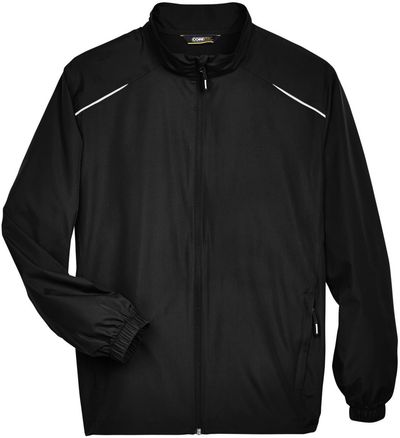 Am image of a Custom Core365 Men's Motivate Unlined Lightweight Jacket in Black!