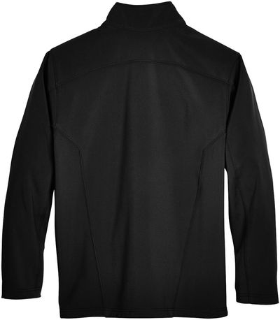 Am image of a Custom Core 365 Men's Cruise Two Layer Fleece Bonded Soft Shell Jacket in Black!