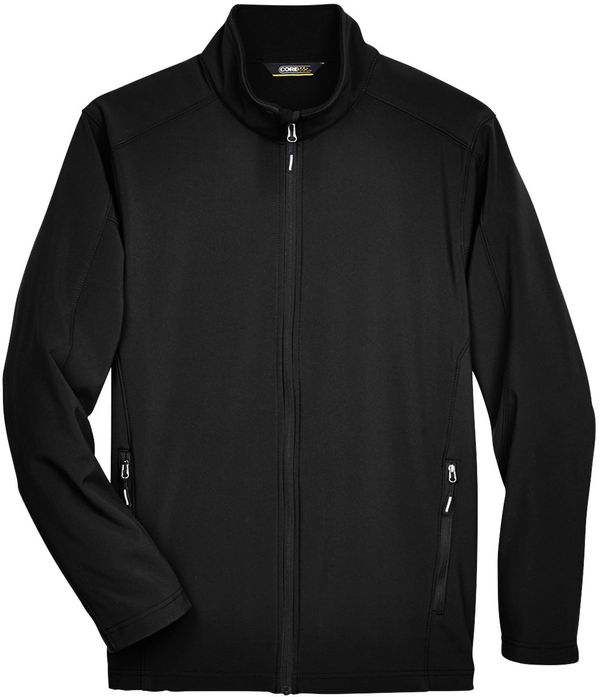 Am image of a Custom Core 365 Men's Cruise Two Layer Fleece Bonded Soft Shell Jacket in Black!
