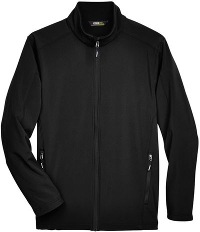Am image of a Custom Core 365 Men's Cruise Two Layer Fleece Bonded Soft Shell Jacket in Black!