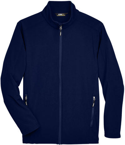 Am image of a Custom Core 365 Men's Cruise Two Layer Fleece Bonded Soft Shell Jacket in Classic Navy!