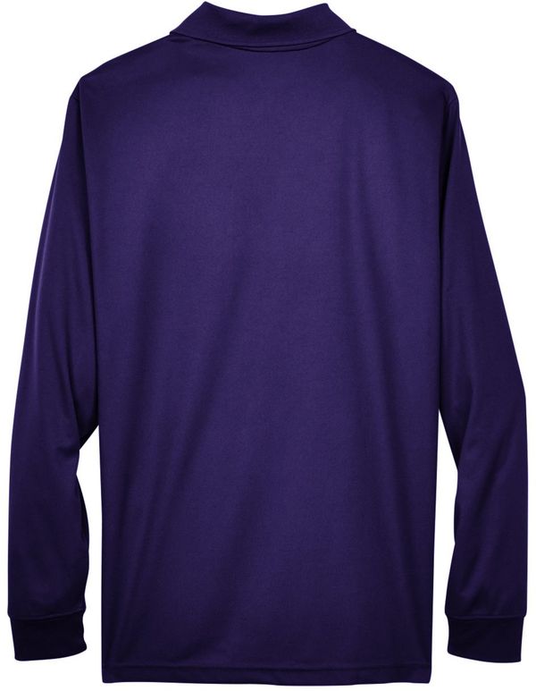 Am image of a Custom Core 365 Men's Pinnacle Performance Long Sleeve Piqué Polo in Campus Purple!