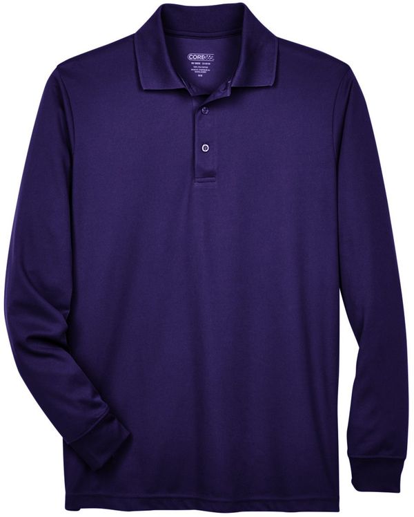 Am image of a Custom Core 365 Men's Pinnacle Performance Long Sleeve Piqué Polo in Campus Purple!