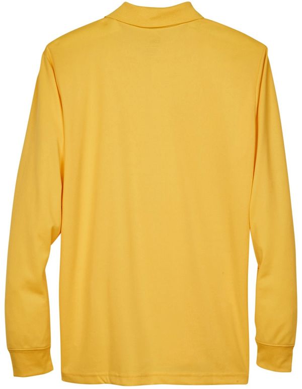 Am image of a Custom Core 365 Men's Pinnacle Performance Long Sleeve Piqué Polo in Campus Gold!
